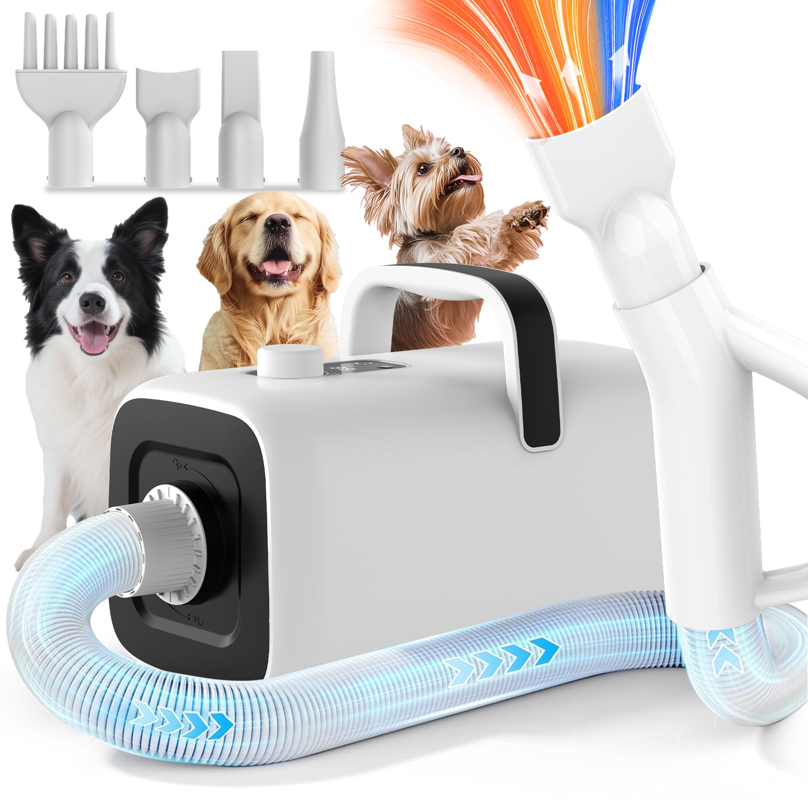 AIRROBO Dog Blower Pet Hair Dryer with Adjustable Speed Temperature, Large Dog Hair Grooming Blower after Bath Swimming, Heating Blower with 4 Nozzles Black