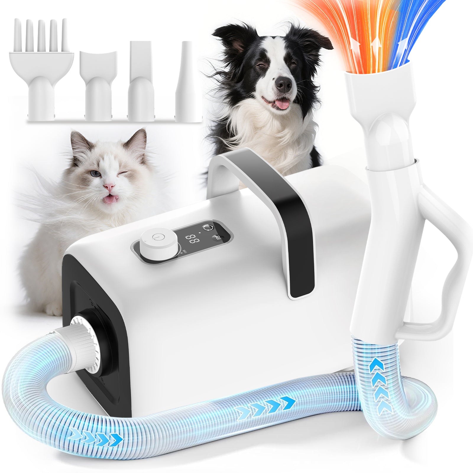 AIRROBO Dog Blower Pet Hair Dryer with Adjustable Speed Temperature, Large Dog Hair Grooming Blower after Bath Swimming, Heating Blower with 4 Nozzles Black