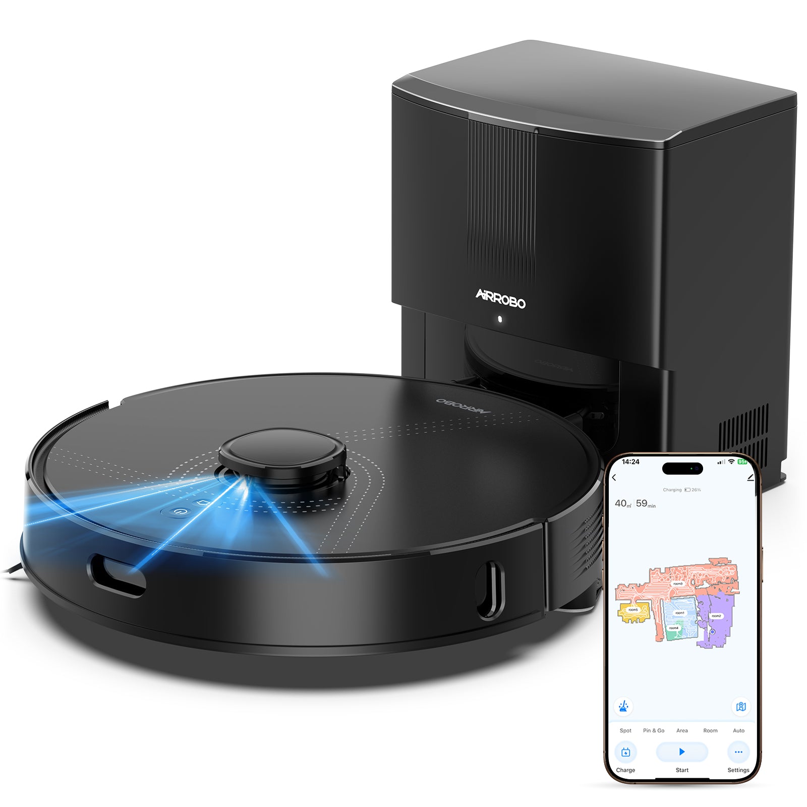 Airrobo Q20+ Robot Vacuum and Mop Self emptying& Refilling,Precision Navigation,Multi-Surface, Pet Friendly