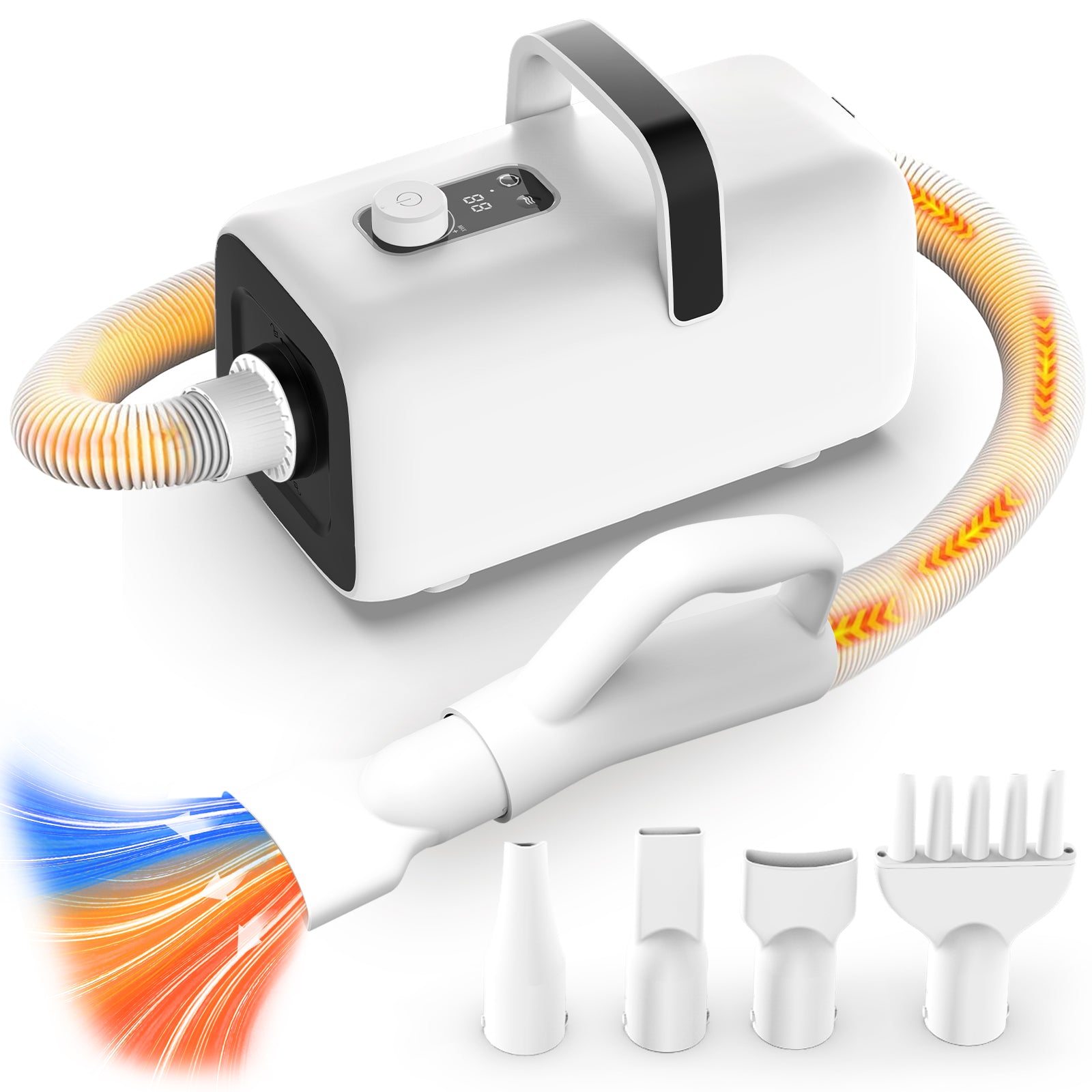 AIRROBO Dog Blower Pet Hair Dryer with Adjustable Speed Temperature, Large Dog Hair Grooming Blower after Bath Swimming, Heating Blower with 4 Nozzles Black