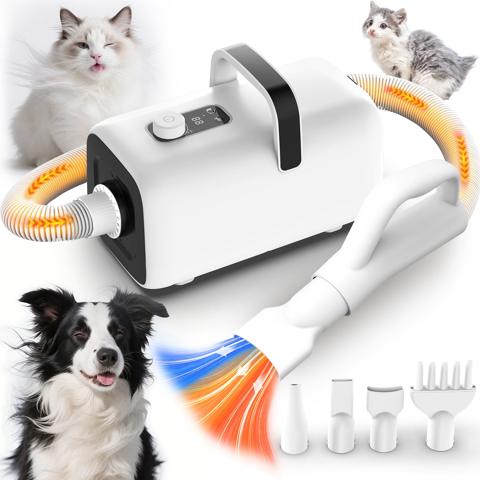 AIRROBO Dog Blower Pet Hair Dryer with Adjustable Speed Temperature, Large Dog Hair Grooming Blower after Bath Swimming, Heating Blower with 4 Nozzles Black