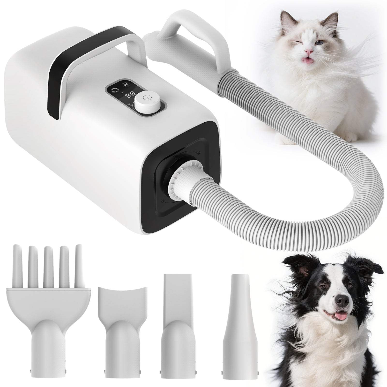 AIRROBO Dog Blower Pet Hair Dryer with Adjustable Speed Temperature, Large Dog Hair Grooming Blower after Bath Swimming, Heating Blower with 4 Nozzles Black