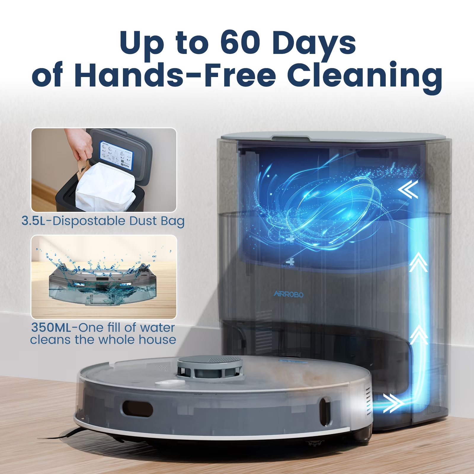 AIRROBO T25+ Robot Vacuum & Mops - Self-Empty, 75-Day Hands-Free, 10000Pa Suction, Ultrasonic Carpet Detection, 180min Runtime
