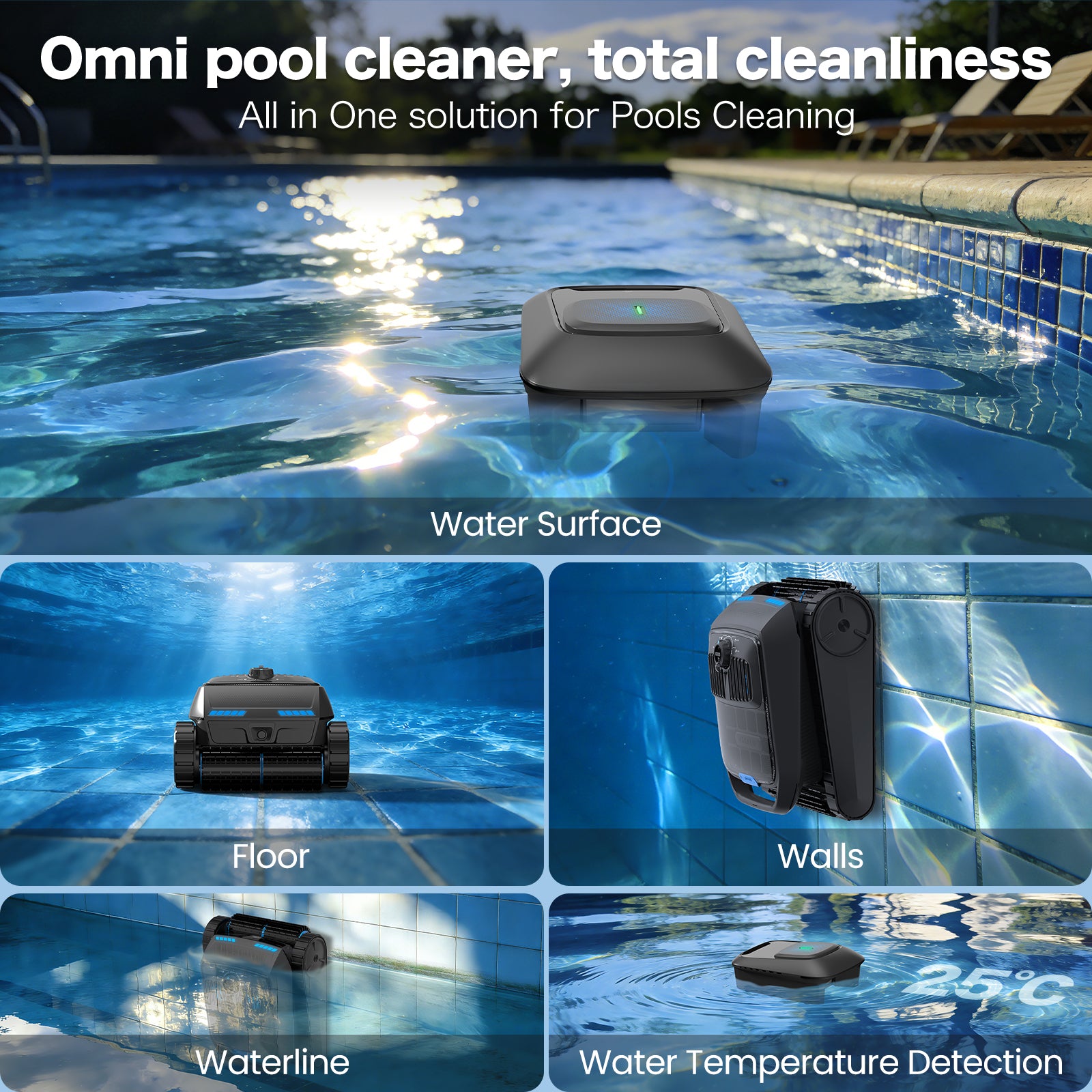 AIRROBO Pool Robot Cleaner 4in1 Omni CP400, Robot Pool Cleaner above Ground Pool and Inground Pool,with Pool Skimmer Robot
